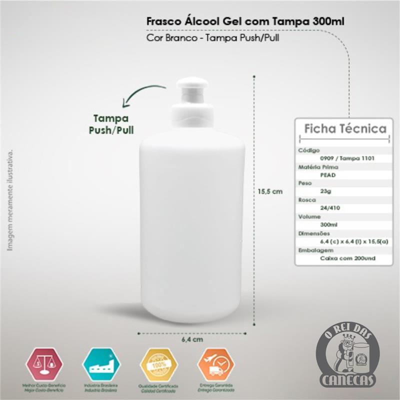 Frasco lcool Gel com Tampa 300ml